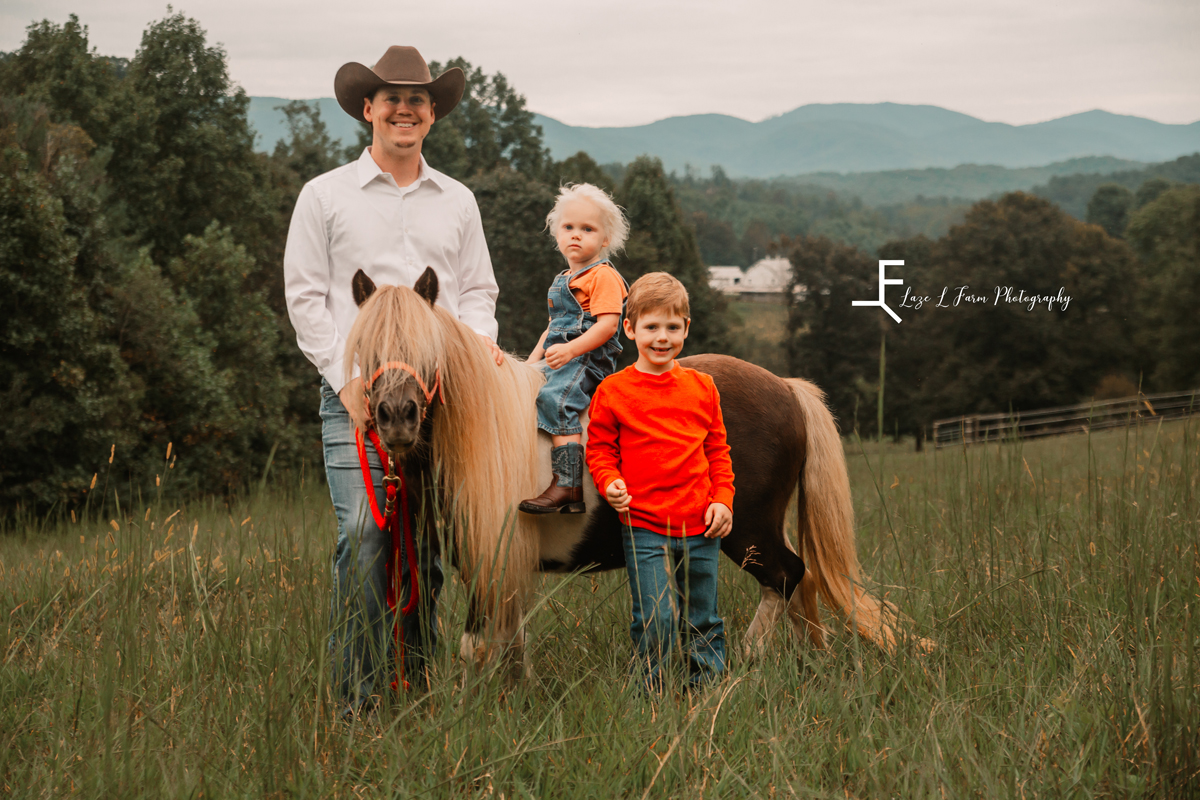 Laze L Farm Photography | Farm Session | Moravian Falls NC | Dad, kids, and pony