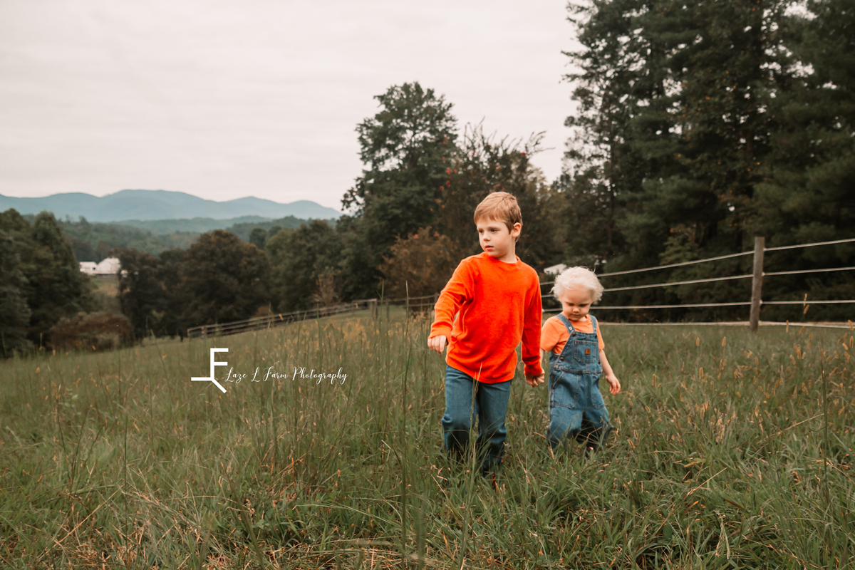 Laze L Farm Photography | Farm Session | Moravian Falls NC | Kiddos walking together