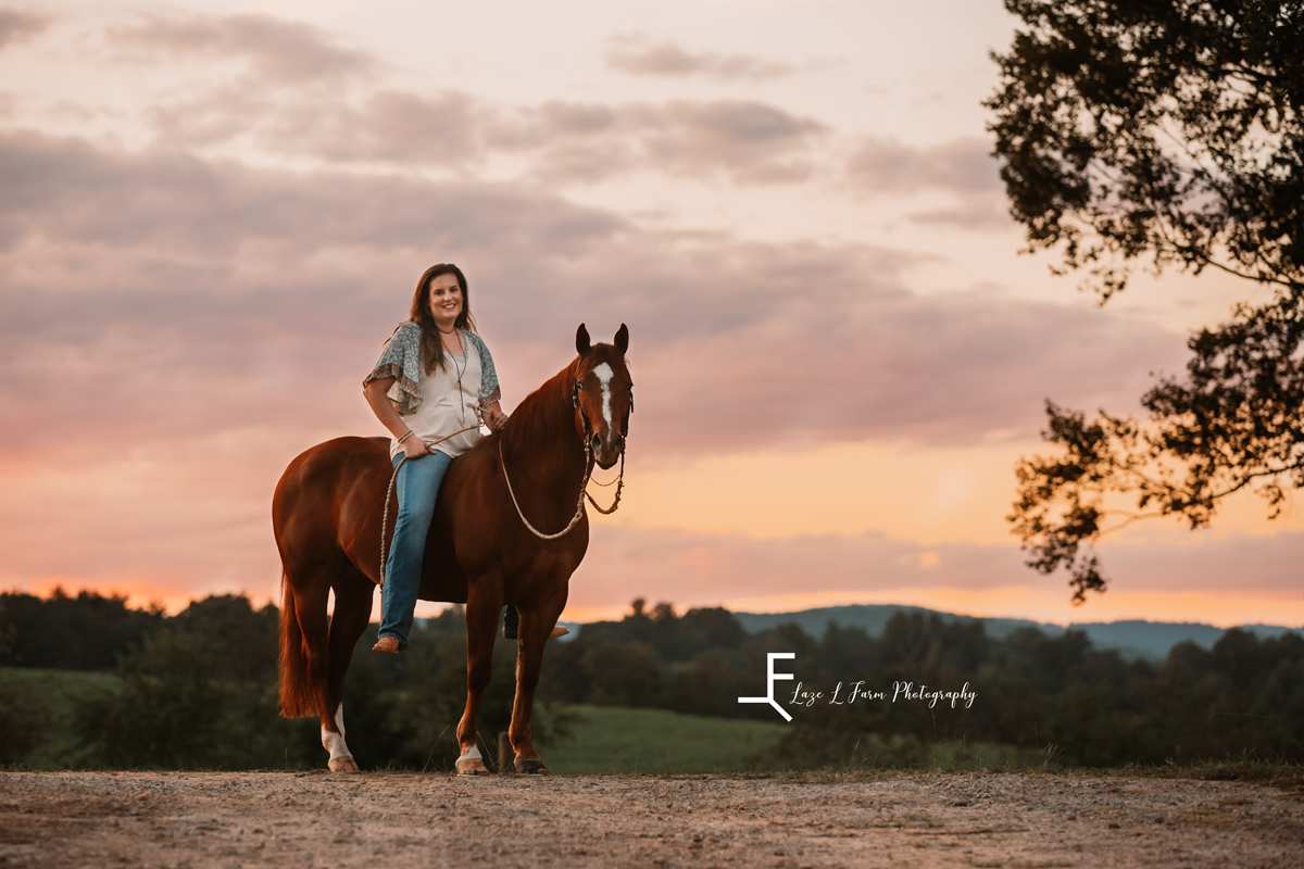 Laze L Farm Photography | Farm Session | Taylorsville NC | Jessie on her horse with sunset background