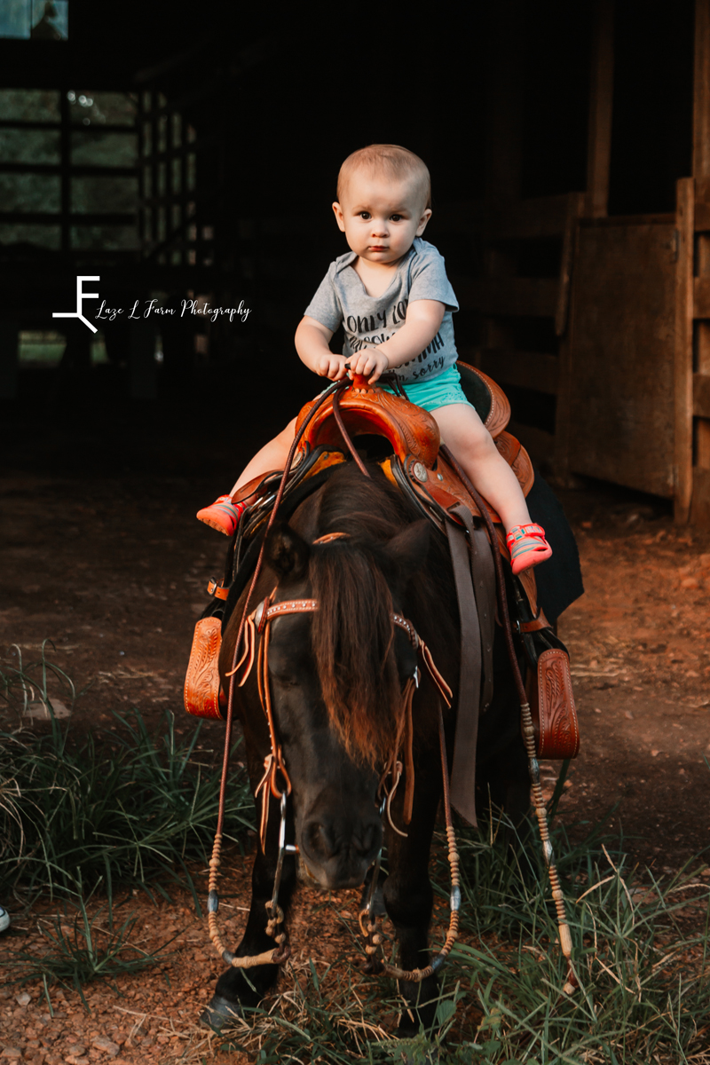 Laze L Farm Photography | Farm Session | Taylorsville NC | Baby riding the mini