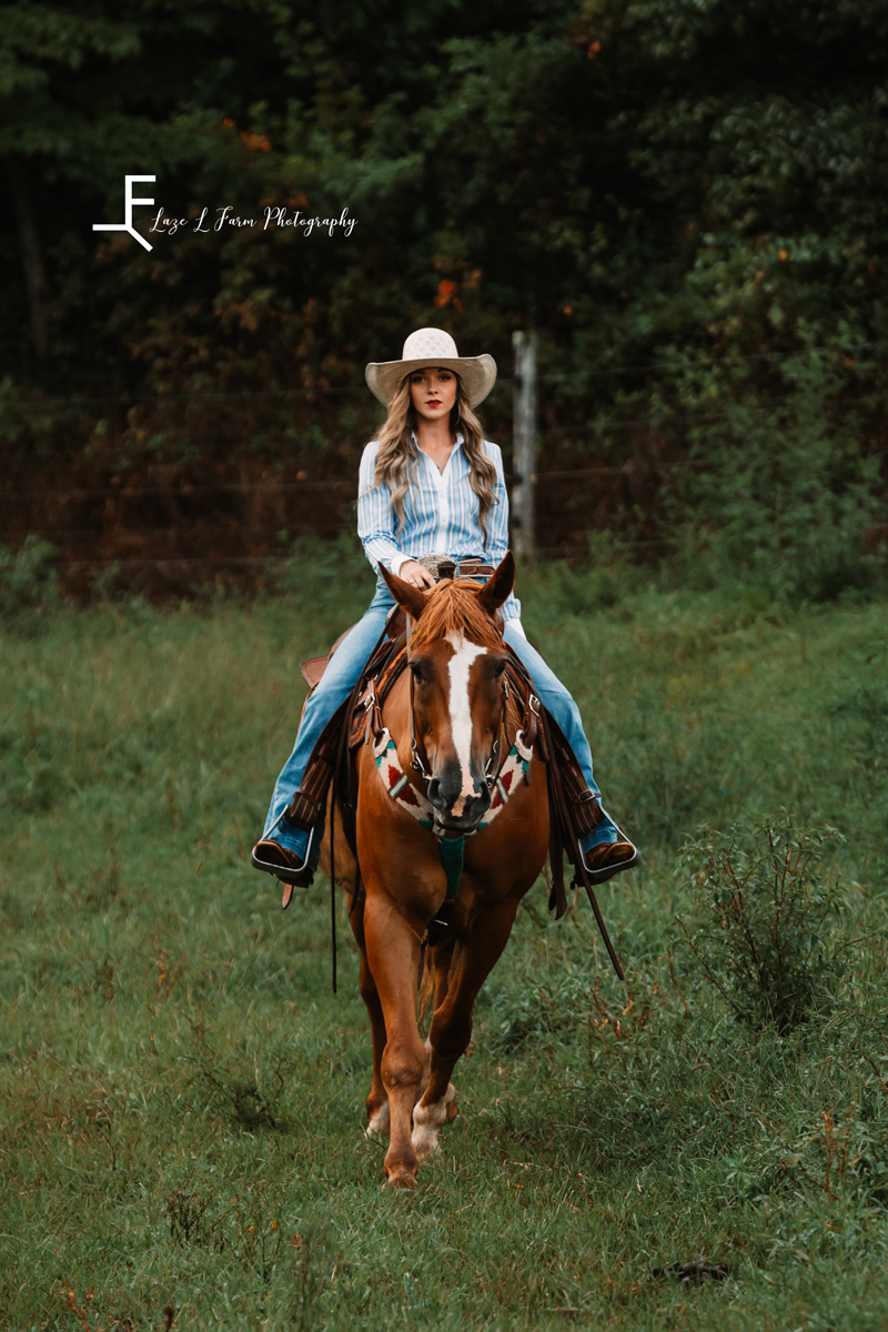 Laze L Farm Photography | Western Lifestyle | Taylorsville NC | Straight on of Ashlyn on the horse