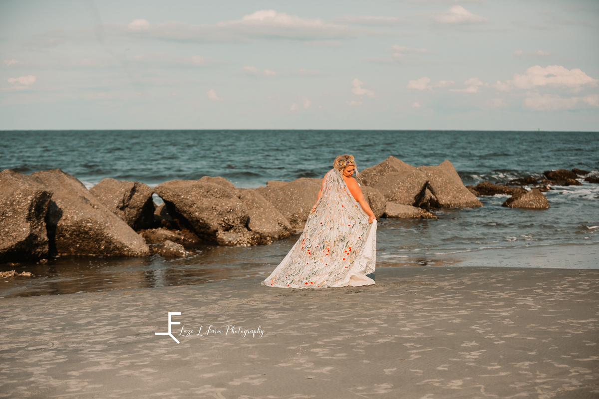 Laze L Farm Photography | Beach Bridals | Tybee Island GA | Kelly walking away, veil