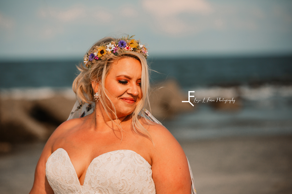 Laze L Farm Photography | Beach Bridals | Tybee Island GA | Close up soft smile and looking down