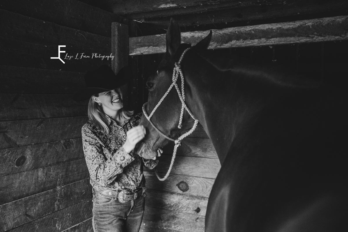 Laze L Farm Photography | Western Lifestyle | Taylorsville NC | black and white smiling at her horse