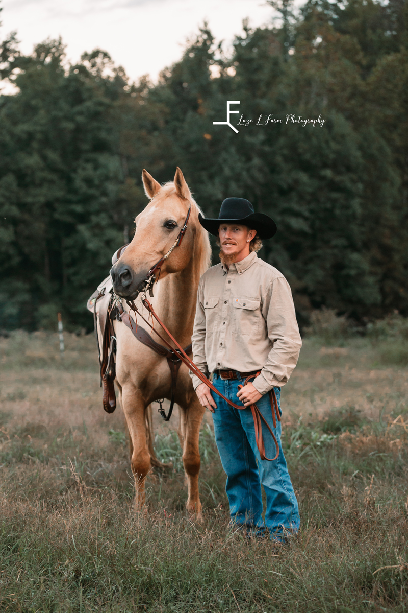 Laze L Farm Photography | Western Lifestyle | Taylorsville NC | husband standing with his horse