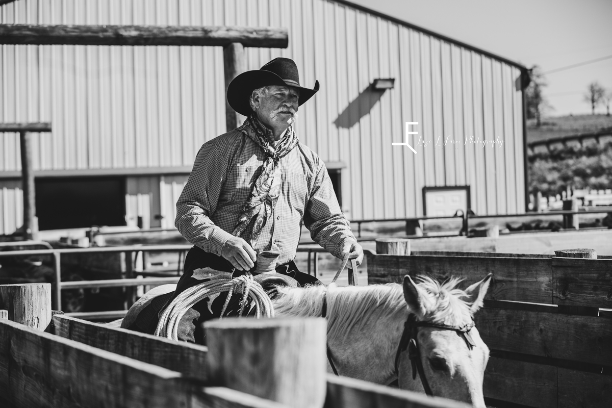 Laze L Farm Photography | Black Lick Cattle Company | Rural Retreat Va | black and white of a man riding a horse