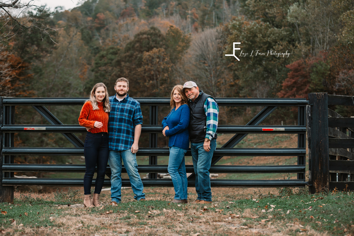 Laze L Farm Photography | Farm Session | Taylorsville NC | both couples posed by the gate