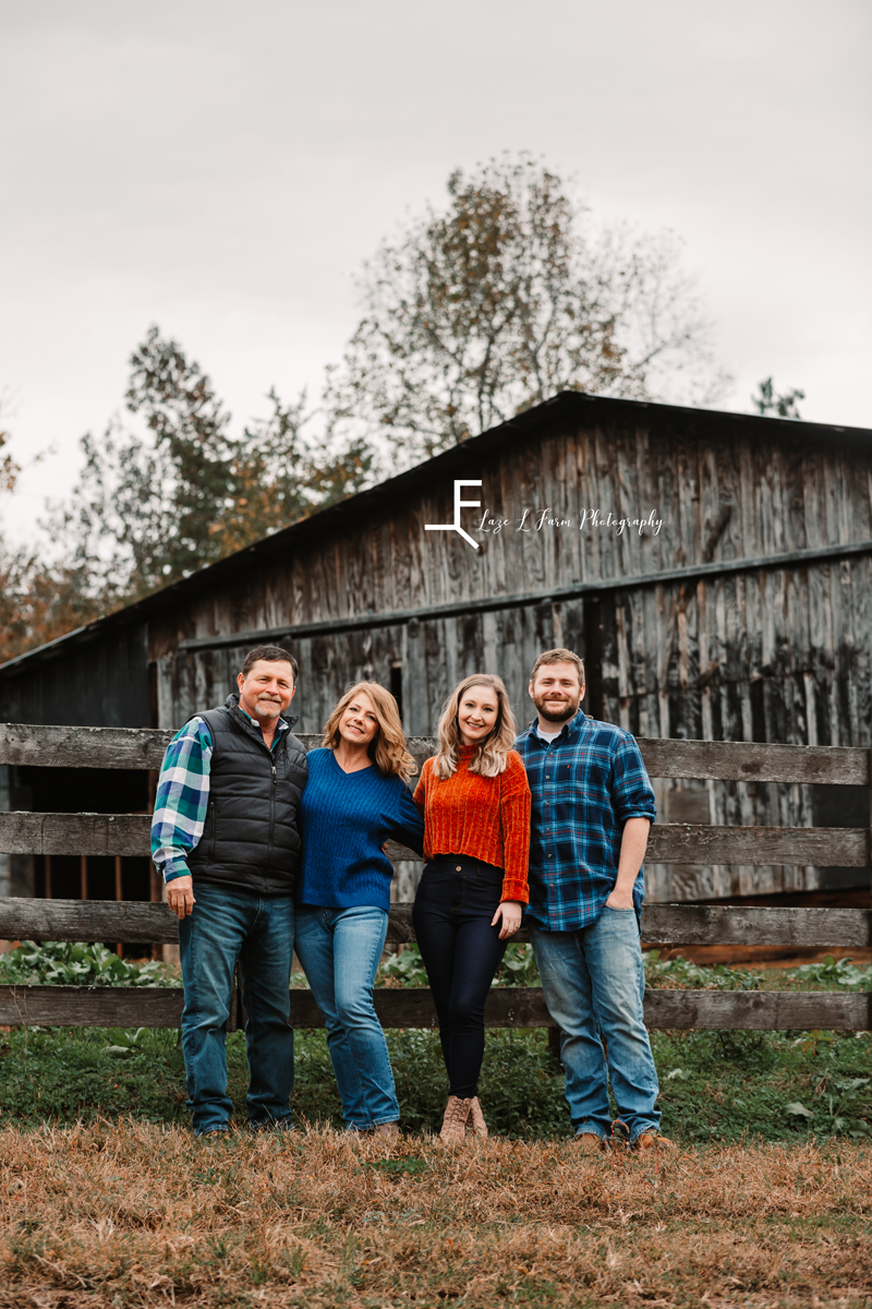 Laze L Farm Photography | Farm Session | Taylorsville NC | family posing in front of a barn