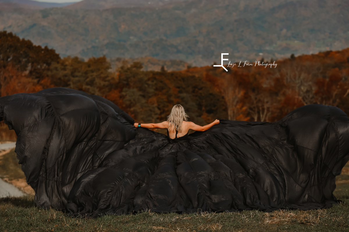 Laze L Farm Photography | Parachute Dress | The White Crow | banner elk nc | Reagan walking away with parachute dress