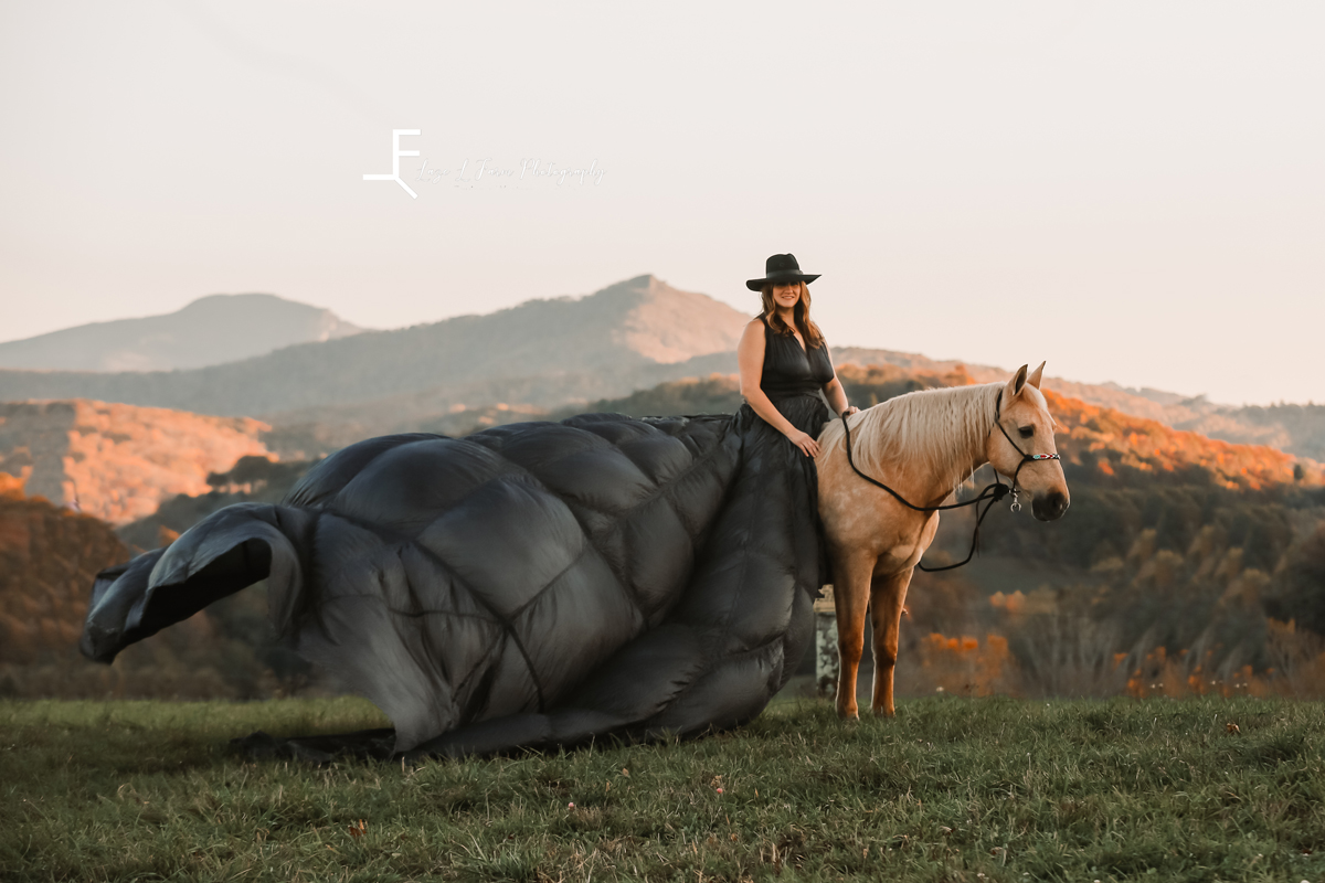Laze L Farm Photography | Parachute Dress | The White Crow | banner elk nc | Savannah posing the parachute dress on the horse