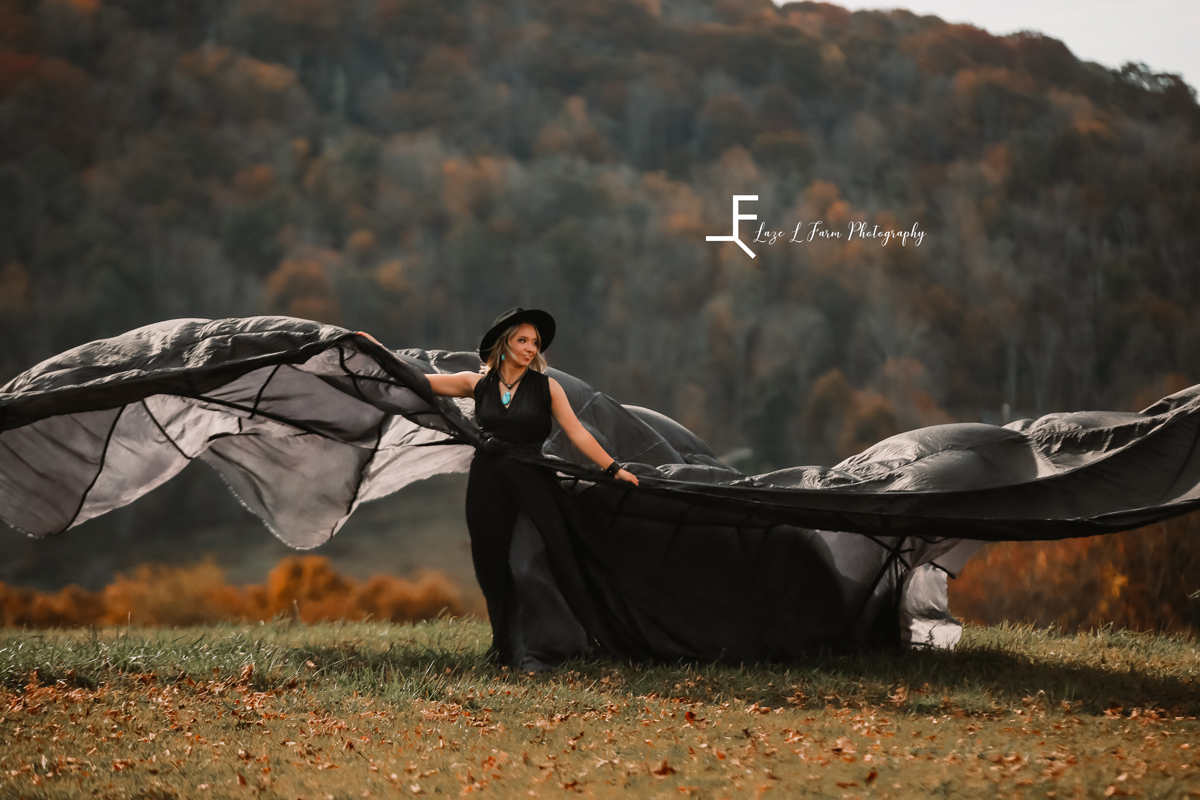 Laze L Farm Photography | Parachute Dress | The White Crow | banner elk nc | parachute dress against landscape
