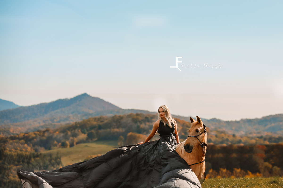 Laze L Farm Photography | Parachute Dress | The White Crow | banner elk nc | parachute dress flowing on the horse