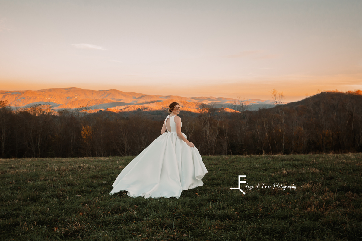 Laze L Farm Photography | Banner Elk NC | The White Crow | bride walking away into the sunset