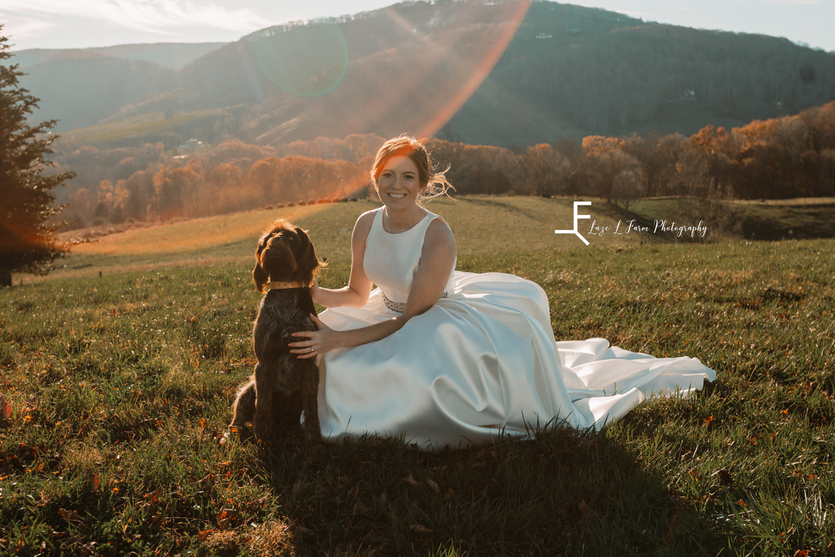 Laze L Farm Photography | Banner Elk NC | The White Crow | Bride kneeling next to the dog