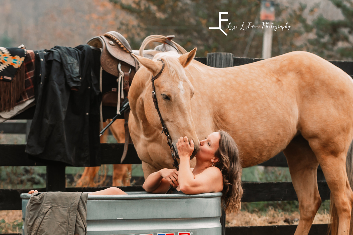 Laze L Farm Photography | Beth Dutton | Water Trough | Taylorsville NC | Minda kissing the horse