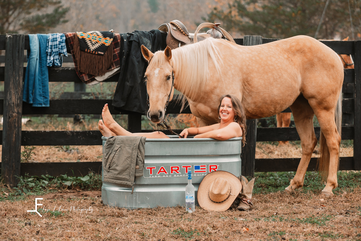 Laze L Farm Photography | Beth Dutton | Water Trough | Taylorsville NC | Minda smiling next to the horse