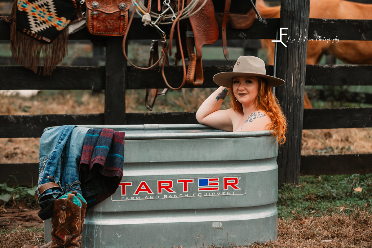 Laze L Farm Photography | Beth Dutton | Water Trough | Taylorsville NC | Taylor soft smiles at the camera