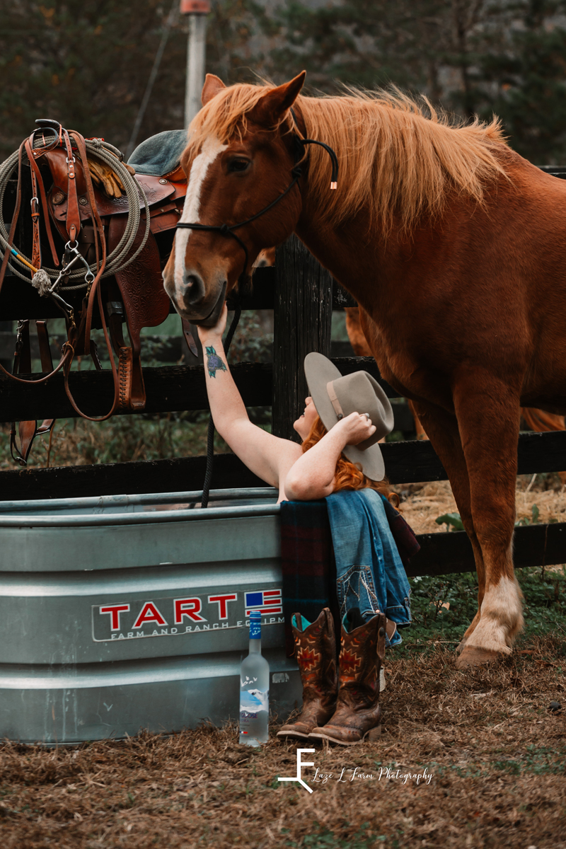 Laze L Farm Photography | Beth Dutton | Water Trough | Taylorsville NC | Taylor petting the horse