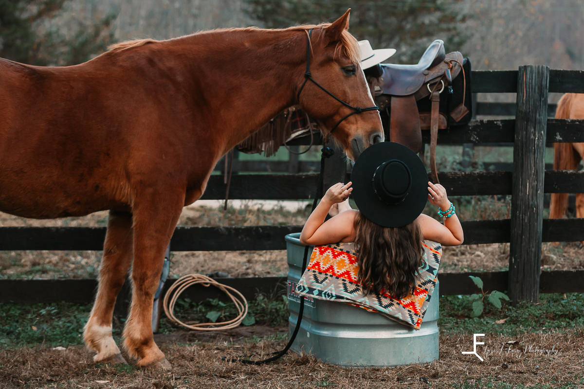 Laze L Farm Photography | Beth Dutton | Water Trough | Taylorsville NC | Savannah with horse, posing the hat