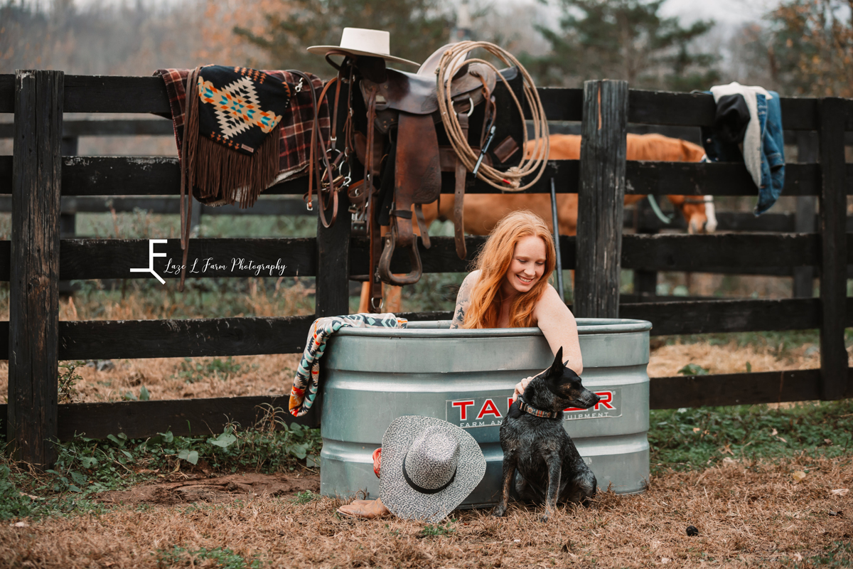 Laze L Farm Photography | Beth Dutton | Water Trough | Taylorsville NC | Avree with the dog