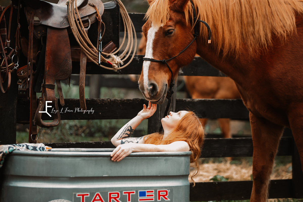 Laze L Farm Photography | Beth Dutton | Water Trough | Taylorsville NC | Avree petting the horse