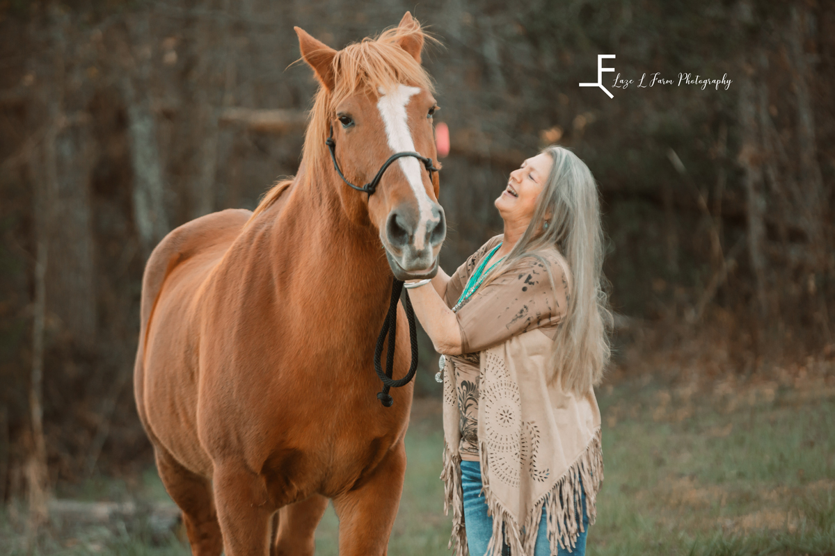 Laze L Farm Photography | western Lifestyle | Taylorsville NC | Belinda candid, laughing with horse
