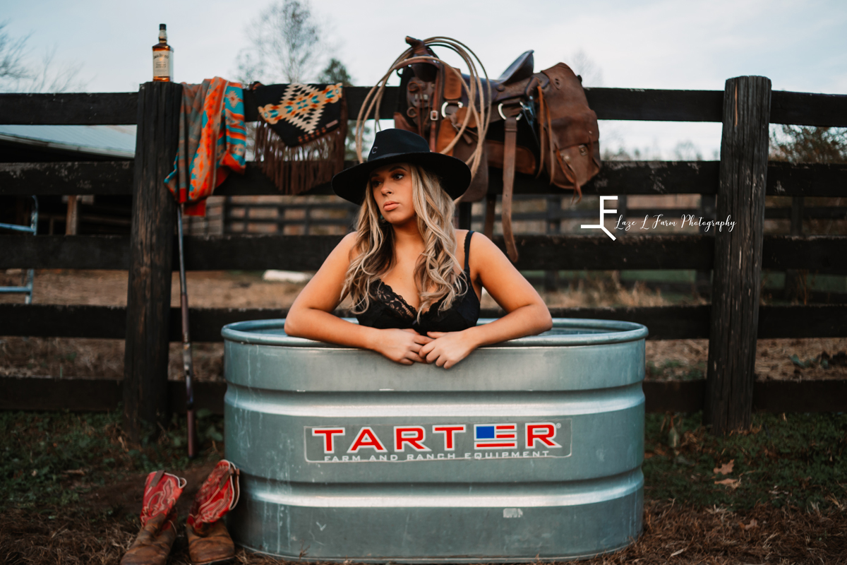 Laze L Farm Photography | Beth dutton | Water Trough | Taylorsville NC | propped up on the trough