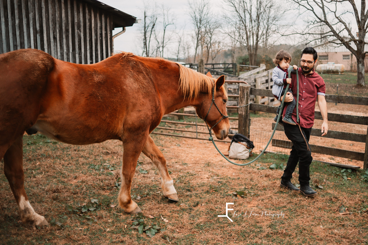 Laze L Farm Photography | Farm Session | Taylorsville NC | elias and dad walking the horse