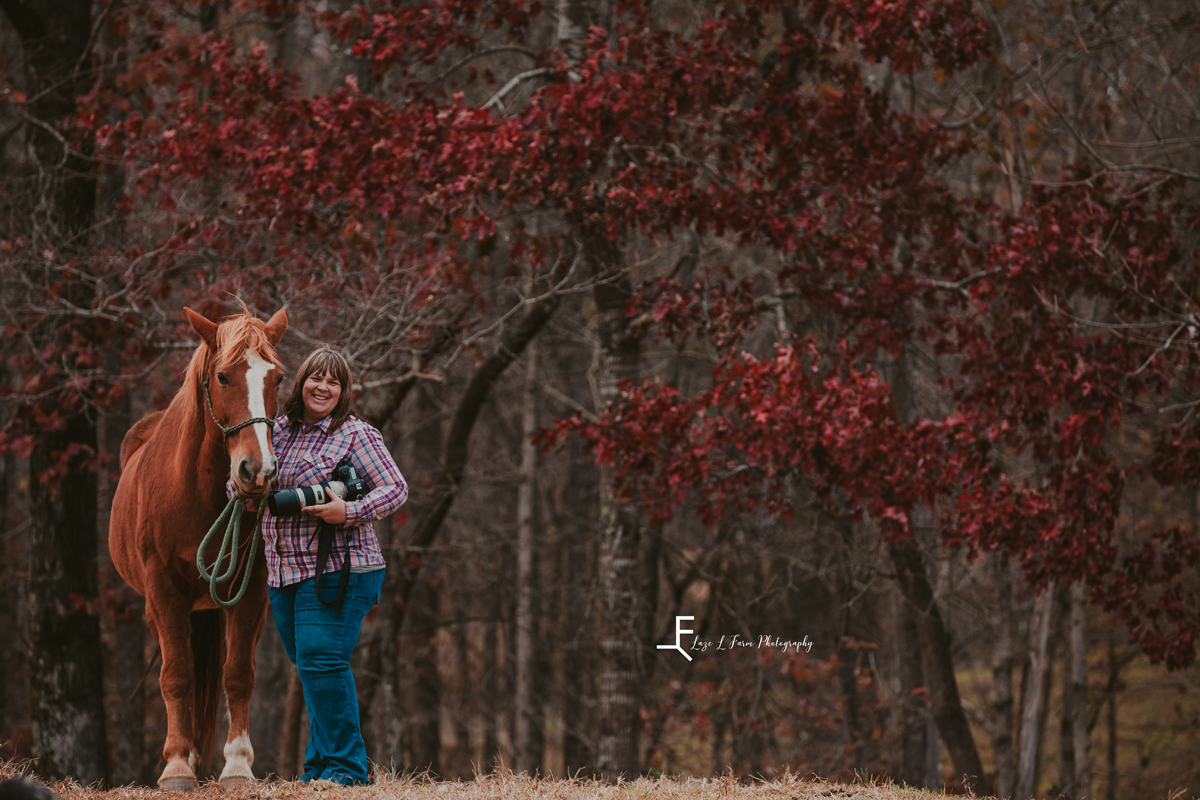 Laze L Farm Photography | Head Shots | Taylorsville NC | posed next to horse and holding camera