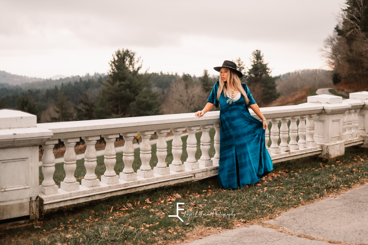 Laze L Farm Photography | Western Lifestyle | Blowing Rock NC | blue dress leaning against a railing