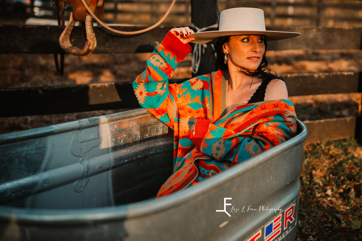 Laze L Farm Photography | Western Lifestyle | Taylorsville NC | posed holding hat in trough