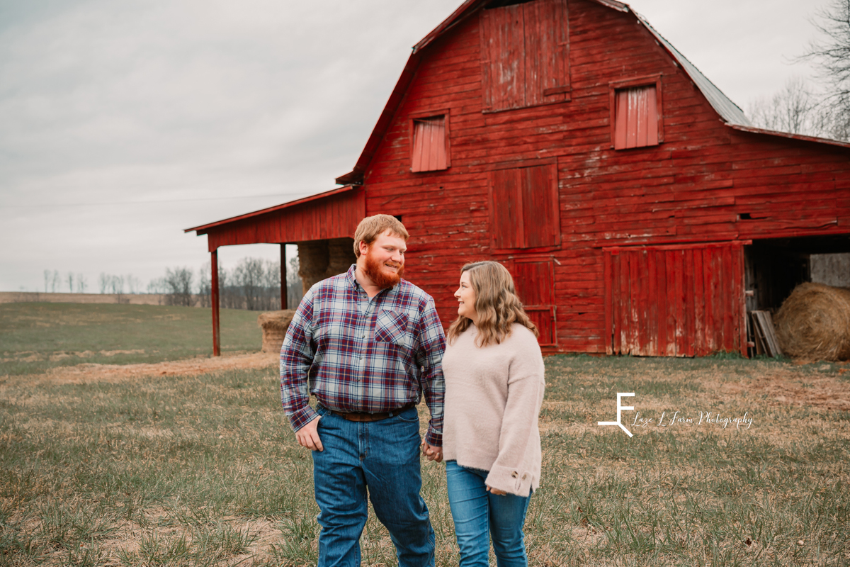 Laze L Farm Photography | Engagement Session | Taylorsville NC | candid in front of the barn