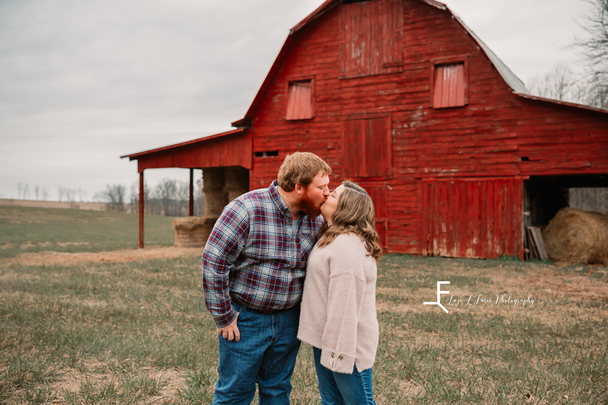 Laze L Farm Photography | Engagement Session | Taylorsville NC | kissing in front of the barn