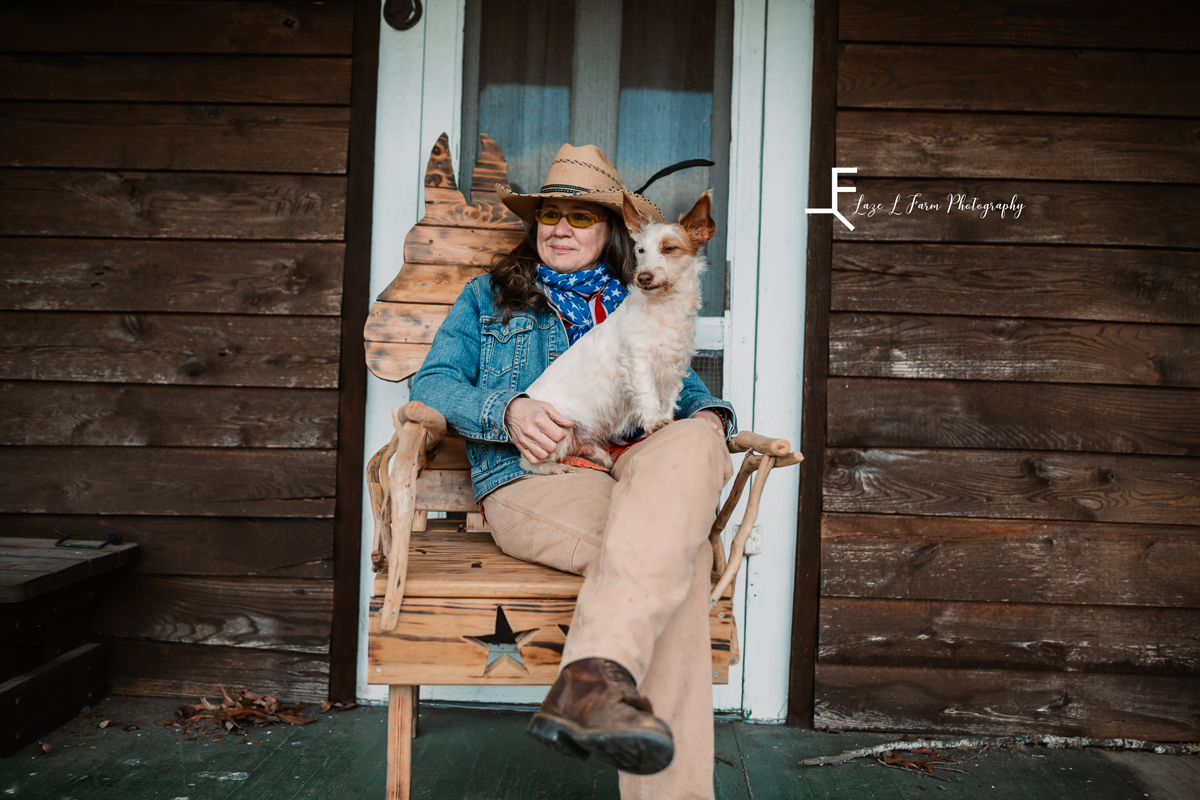 Laze L Farm Photography | Equine Session | Lenoir NC | Larae sitting on the porch with her dog