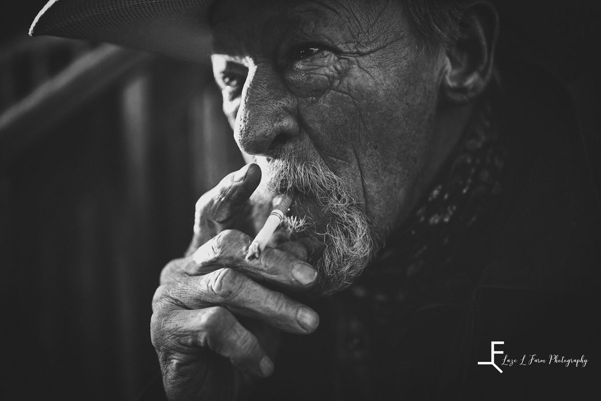 Laze L Farm Photography | Equine Session | Lenoir NC | Black and white of Ken smoking