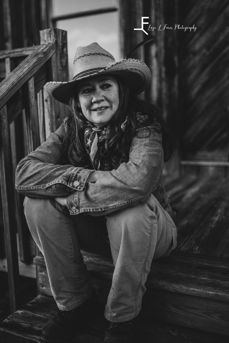 Laze L Farm Photography | Equine Session | Lenoir NC | black and white of Larae sitting on the porch