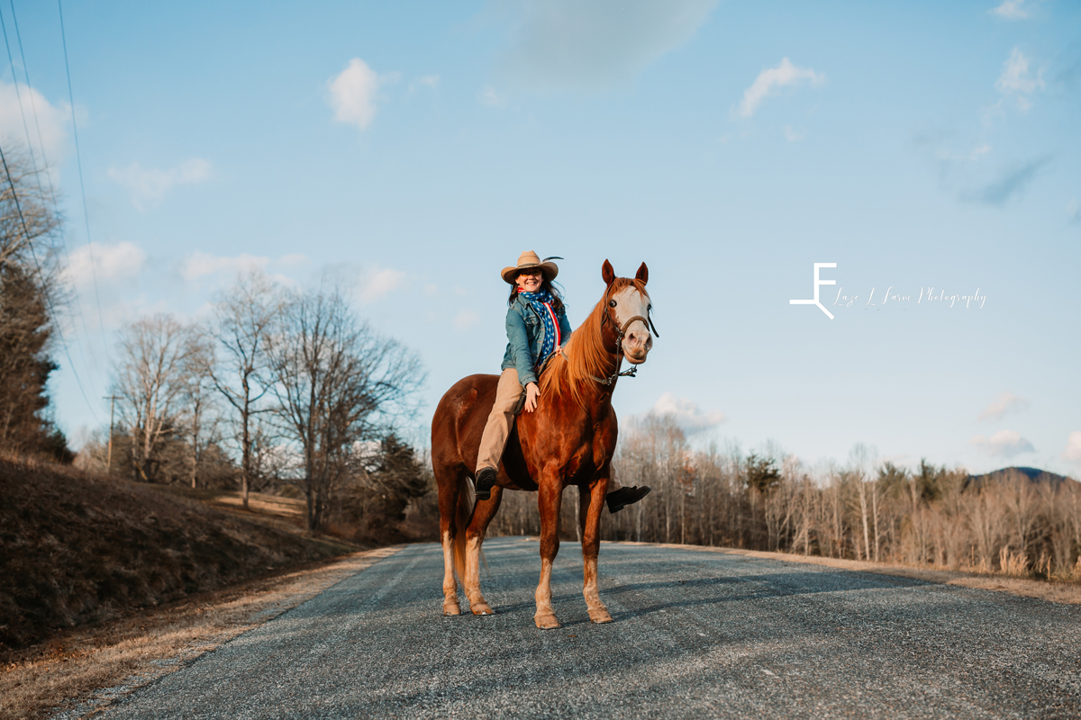 Laze L Farm Photography | Equine Session | Lenoir NC | posed standing in the road on the horse