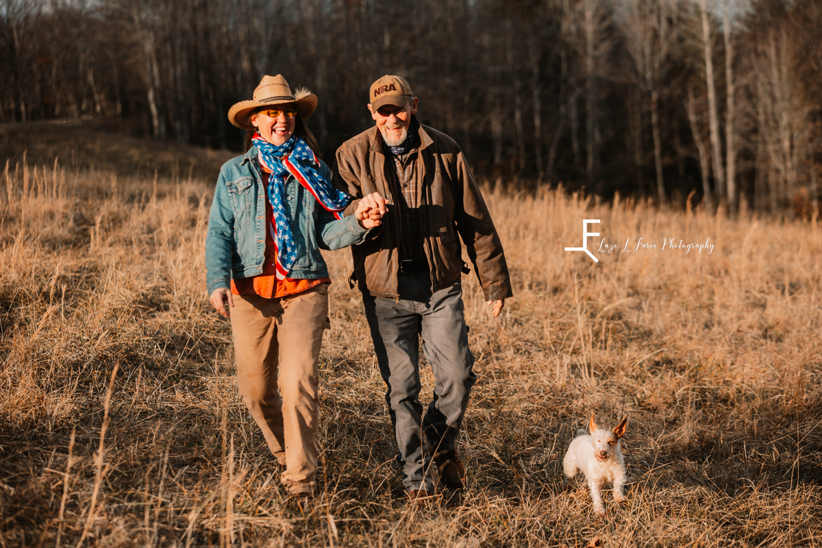 Laze L Farm Photography | Equine Session | Lenoir NC | Larae and Ken walking with the dog