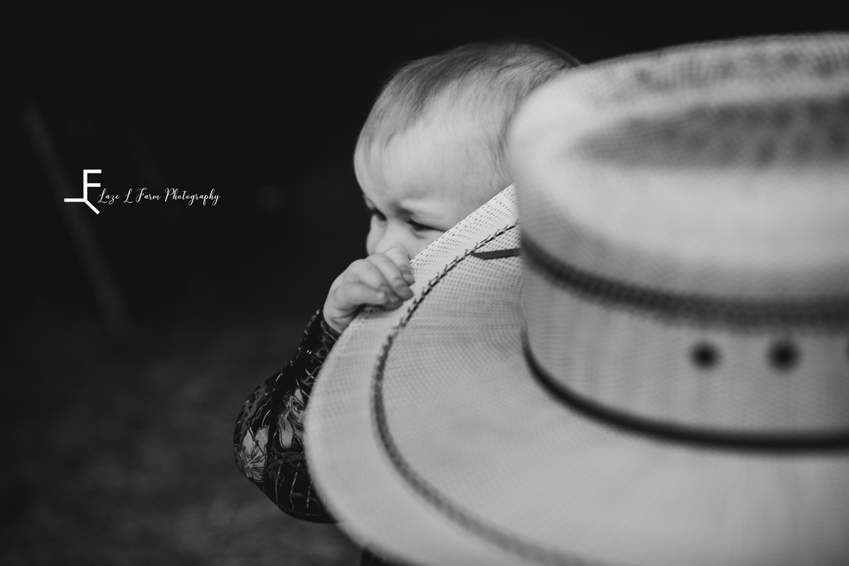  Laze L Farm Photography | Farm Session | Taylorsville NC | black and white with the hat