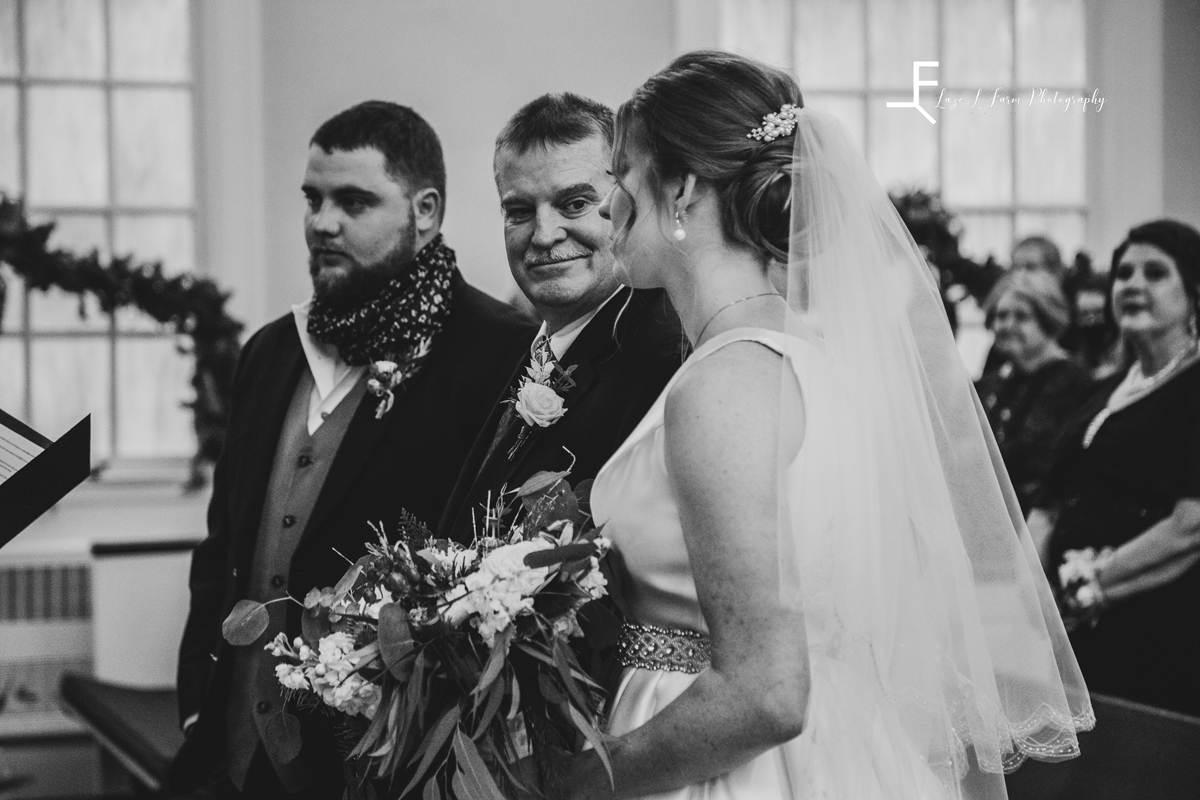 Laze L Farm Photography | Wedding | Yadkinville NC | standing at the alter black and white