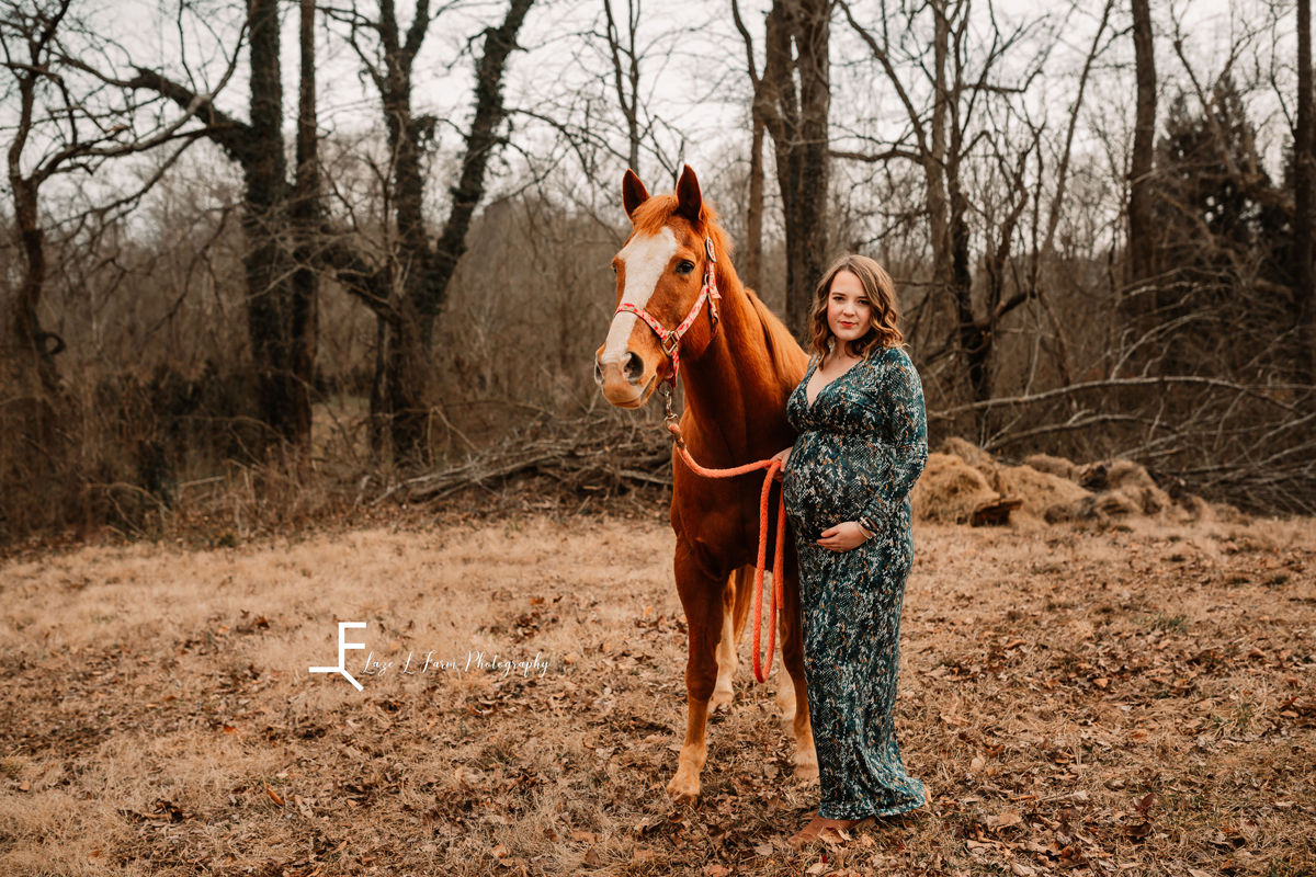 Laze L Farm Photography | Equine Maternity Photoshoot | Lenoir NC | smiling next to horse