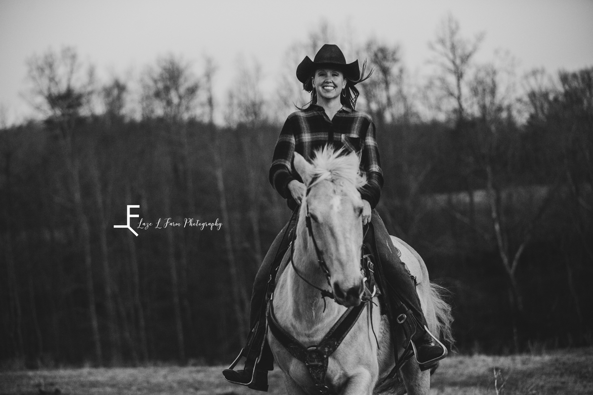 Laze L Farm Photography | Equine Session | Taylorsville NC | posing on Mare black and white