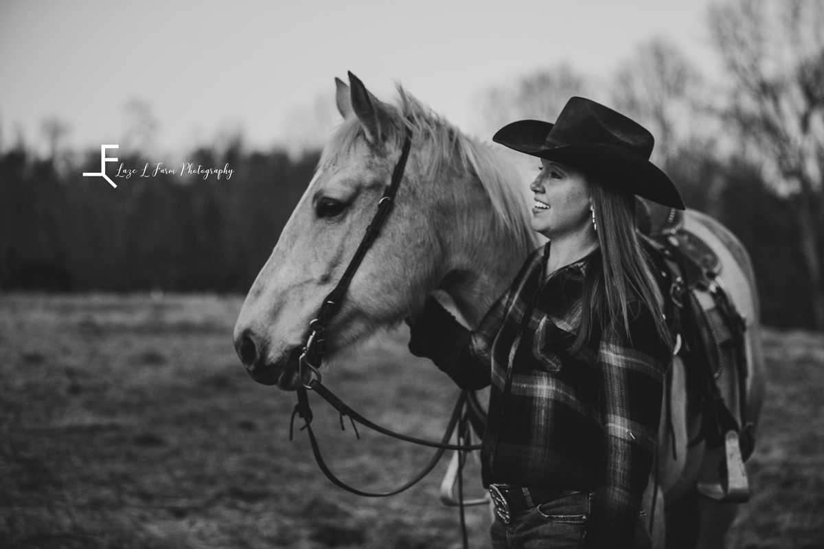Laze L Farm Photography | Equine Session | Taylorsville NC | minda and mare looking away black and white