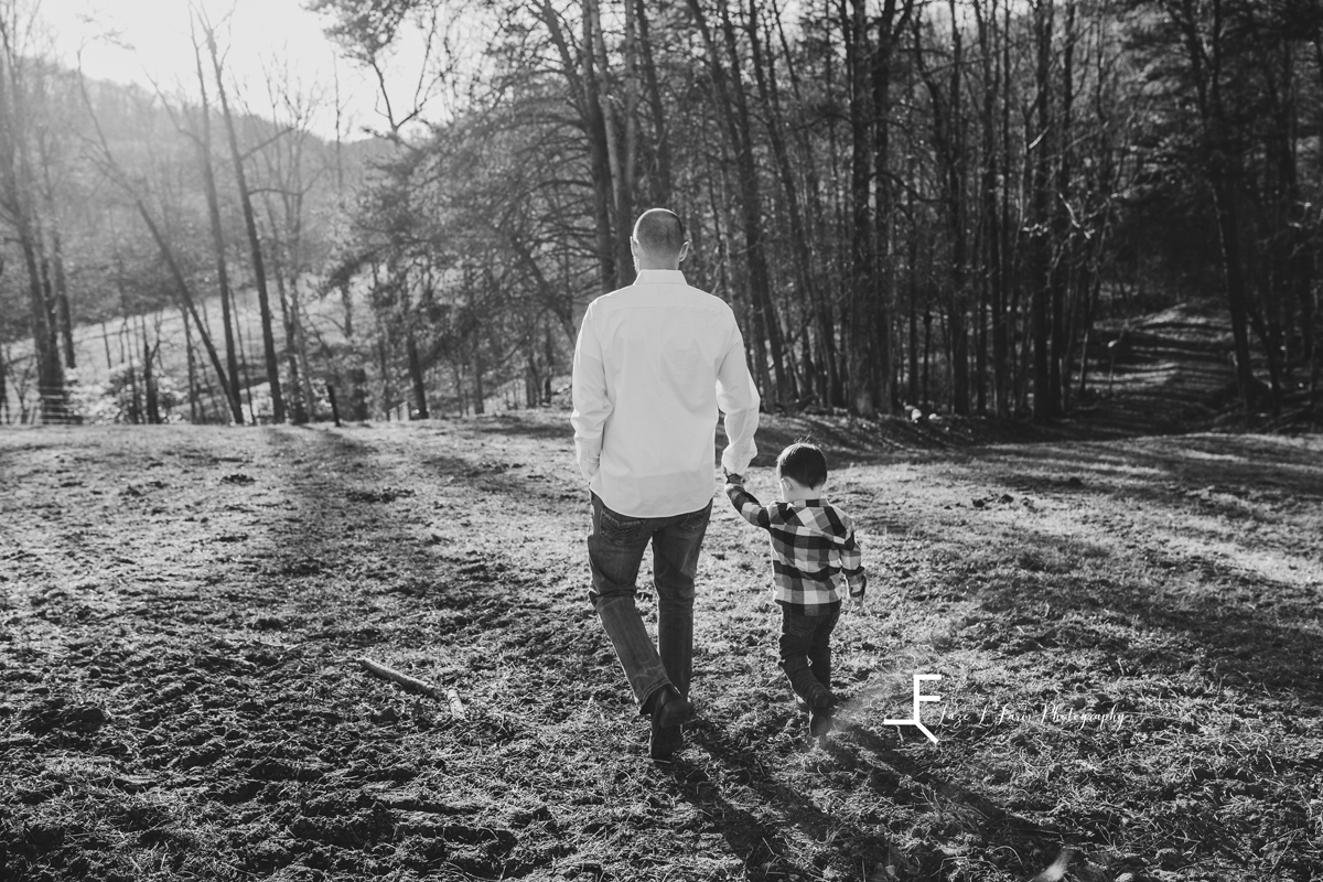 Laze L Farm Photography | Farm Session | Taylorsville NC | black and white dad walking with son