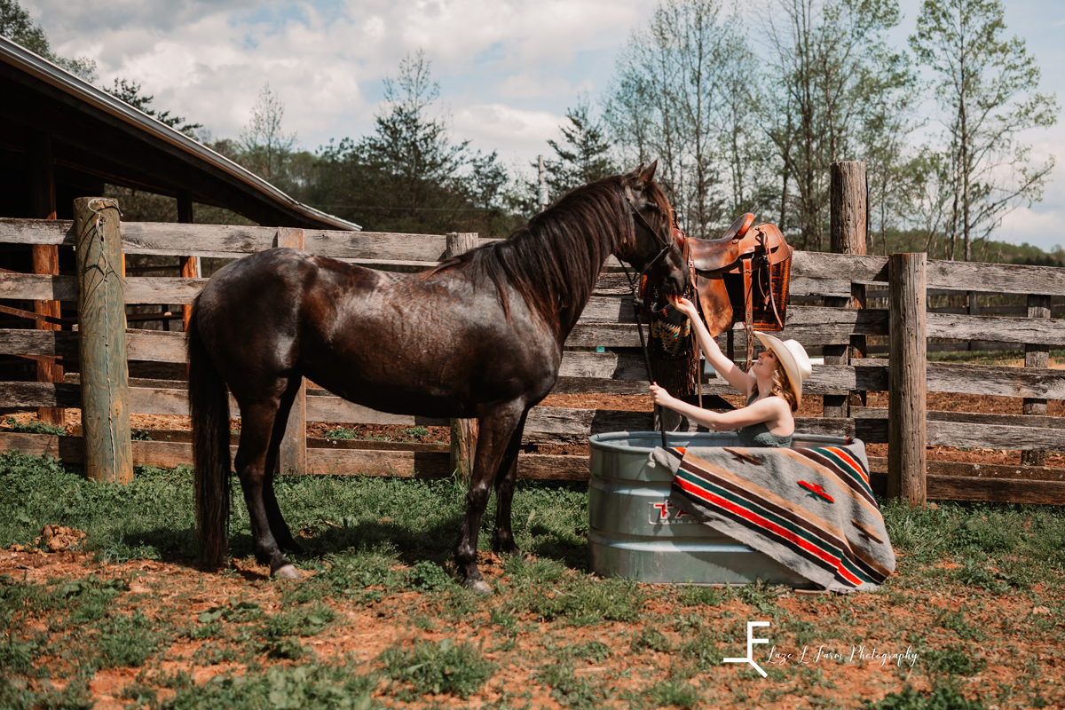 Laze L Farm Photography | Beth Dutton Water Trough | posing with the horse