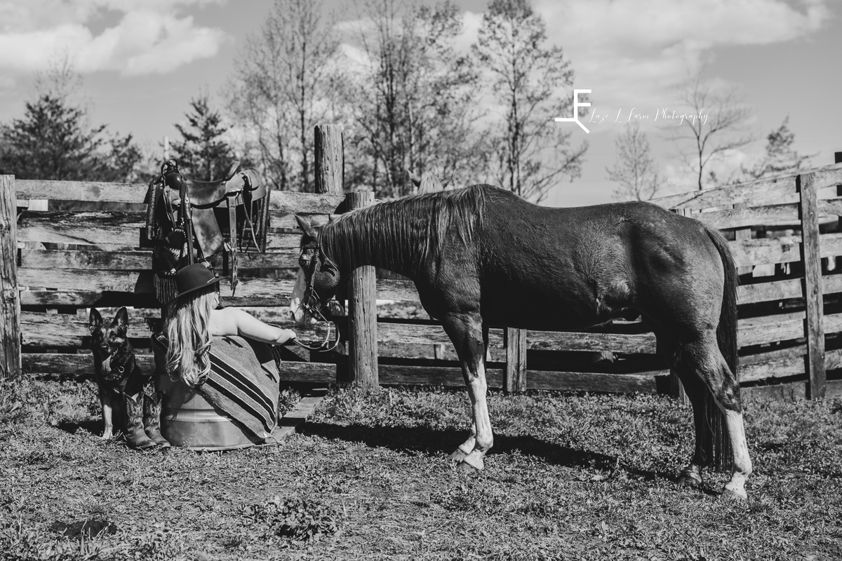 Laze L Farm Photography | Beth Dutton Water Trough | black and white posing with the horse