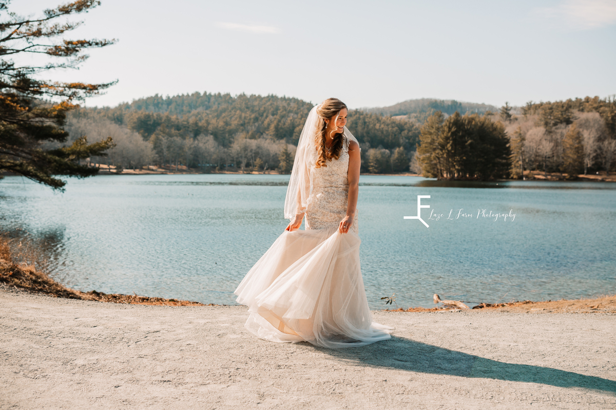 Laze L Farm Photography | Bridal Pictures | Moses Cone - Blowing Rock NC | bride standing in front of the lake