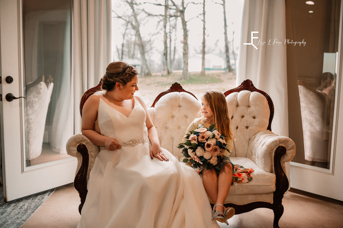 Laze L Farm Photography | Bridal Session | The Emerald Hill | bride sitting on loveseat with daughter