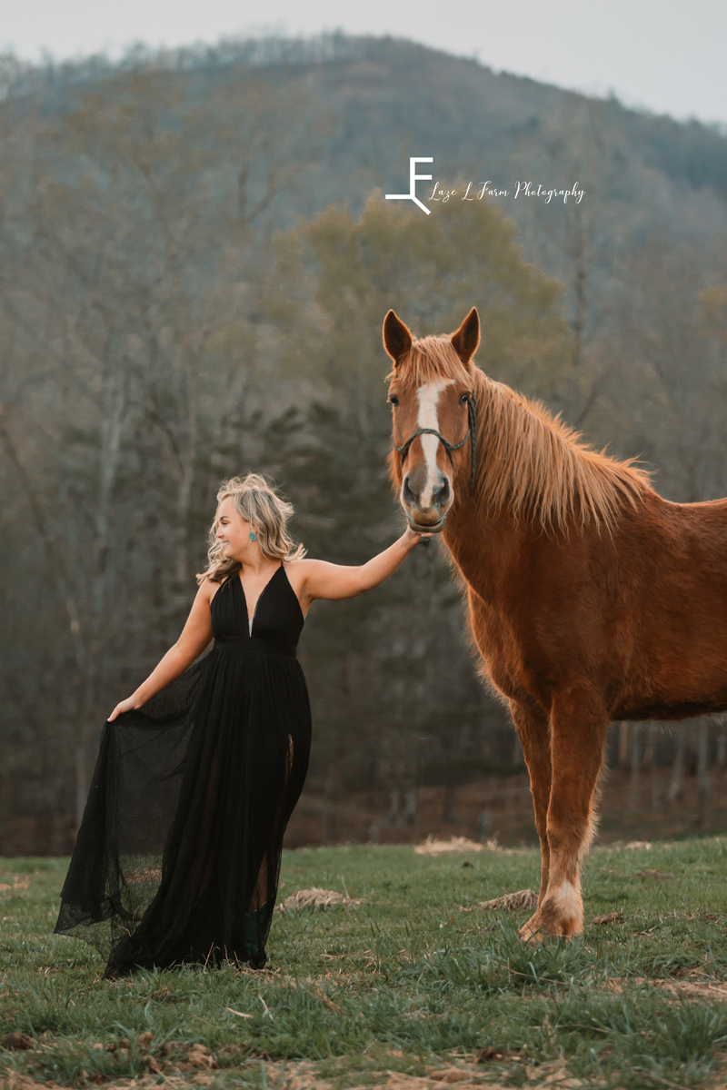 Laze L Farm Photography | College Graduation Pictures | Taylorsville NC | wearing dress and standing with her horse