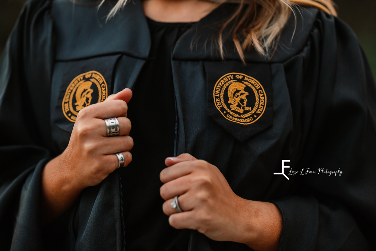 Laze L Farm Photography | College Graduation Pictures | Taylorsville NC | close up detail of robes